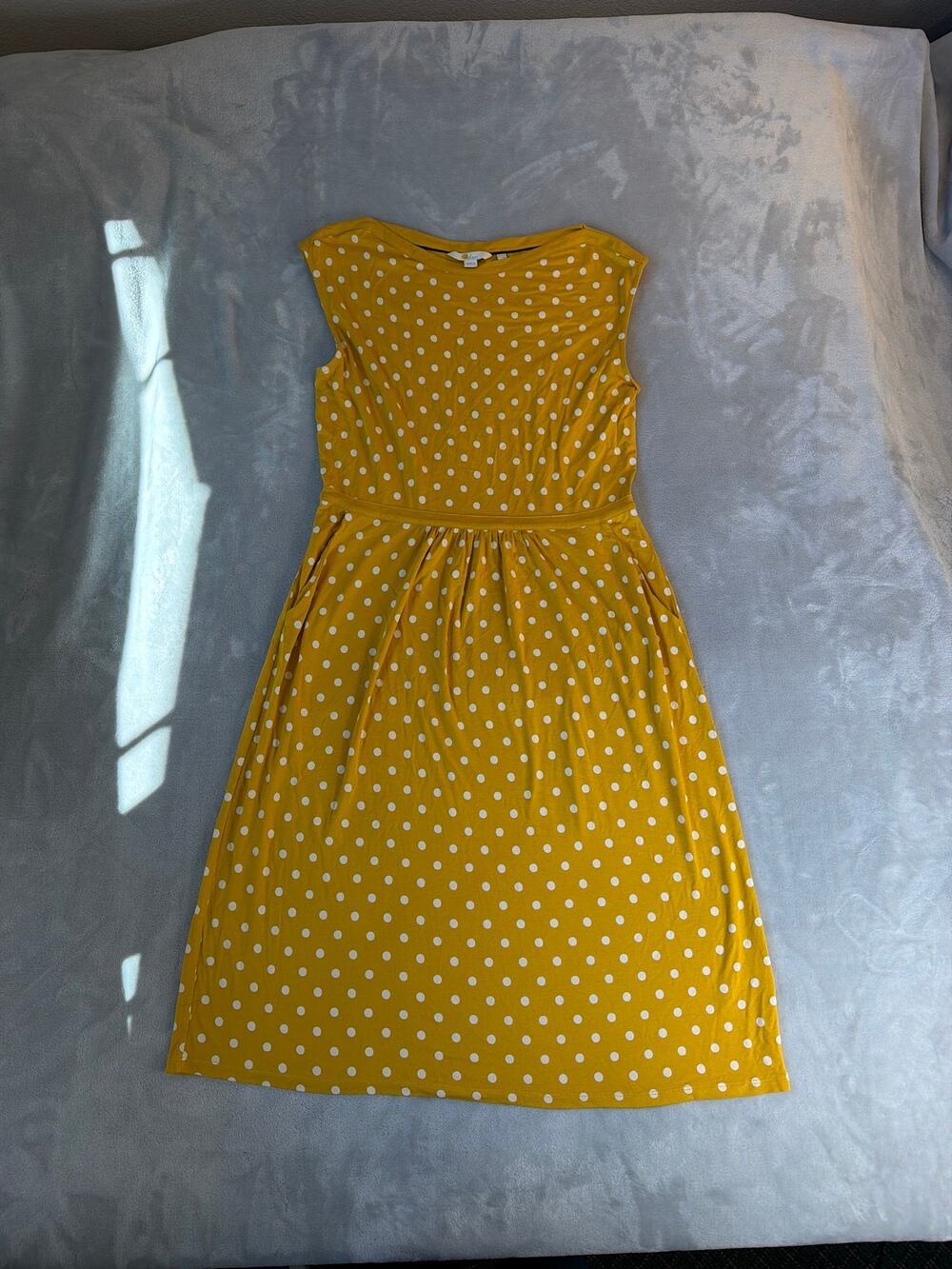 Boden Eleanore Yellow Polka Dot Jersey Dress Pockets US 10R UK 14R L